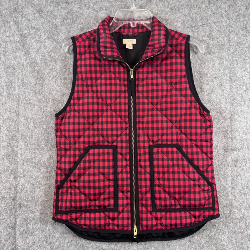J Crew Puffer Vest Womens Small Red Black Buffalo Check Down‎ Quilted Outdoor